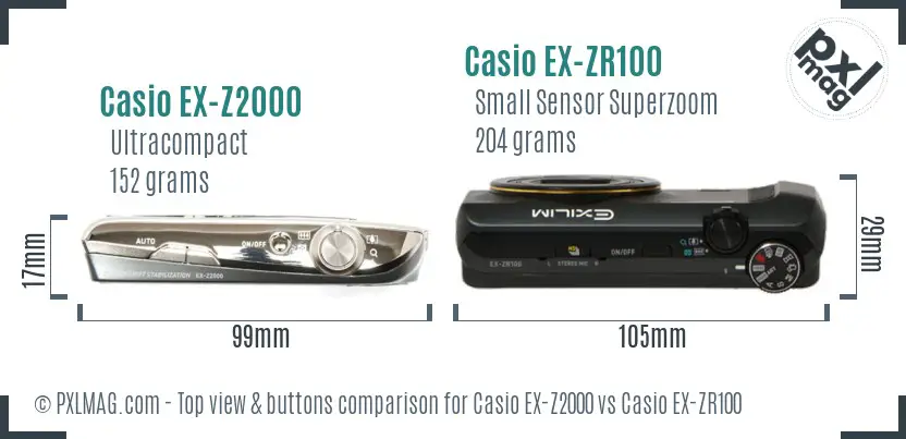 Casio EX-Z2000 vs Casio EX-ZR100 top view buttons comparison