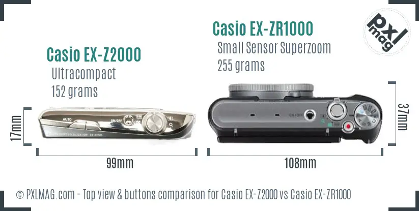 Casio EX-Z2000 vs Casio EX-ZR1000 top view buttons comparison