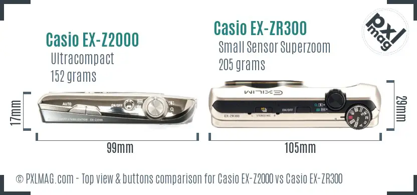 Casio EX-Z2000 vs Casio EX-ZR300 top view buttons comparison