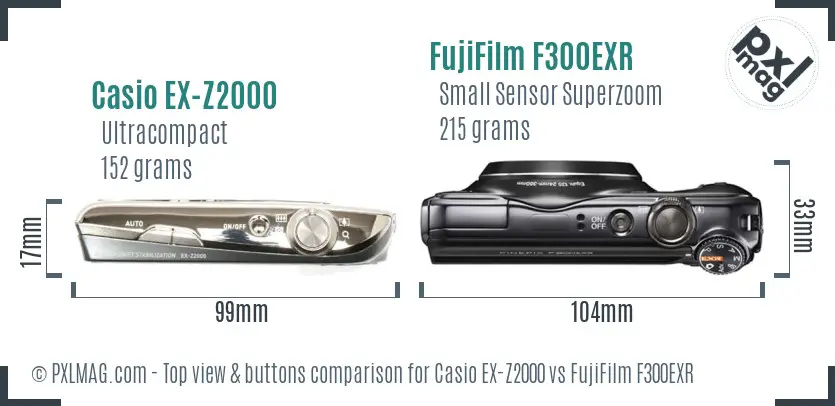 Casio EX-Z2000 vs FujiFilm F300EXR top view buttons comparison Casio EX-Z2000 vs FujiFilm F300EXR top view buttons comparison