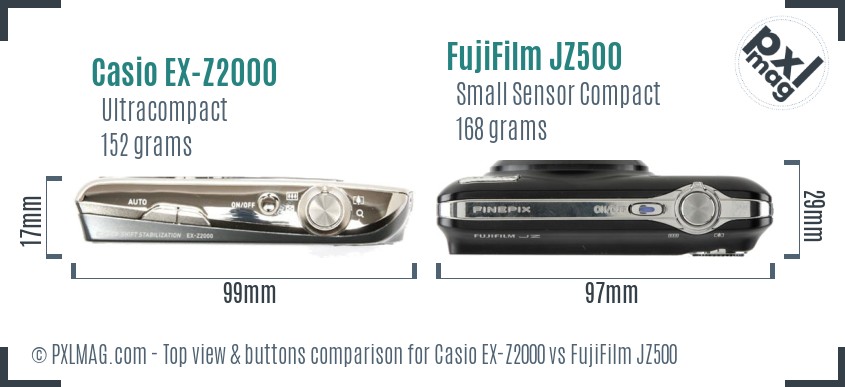 Casio EX-Z2000 vs FujiFilm JZ500 top view buttons comparison