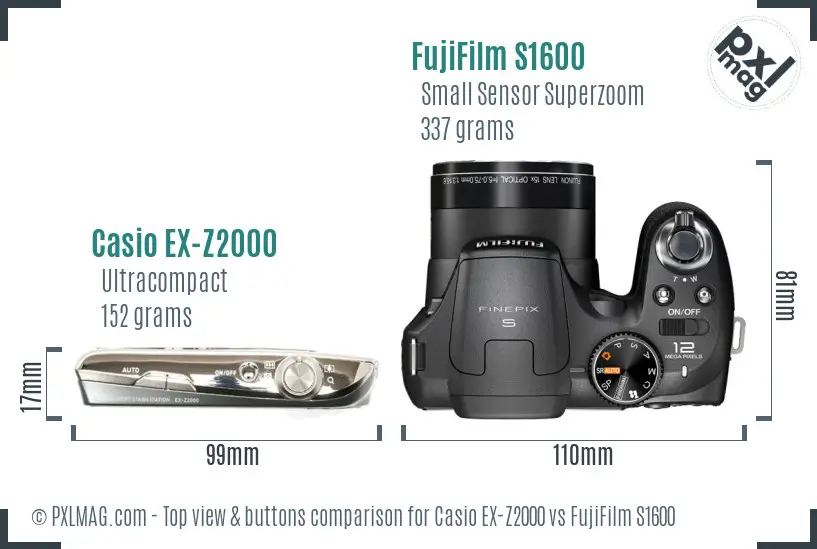 Casio EX-Z2000 vs FujiFilm S1600 top view buttons comparison Casio EX-Z2000 vs FujiFilm S1600 top view buttons comparison