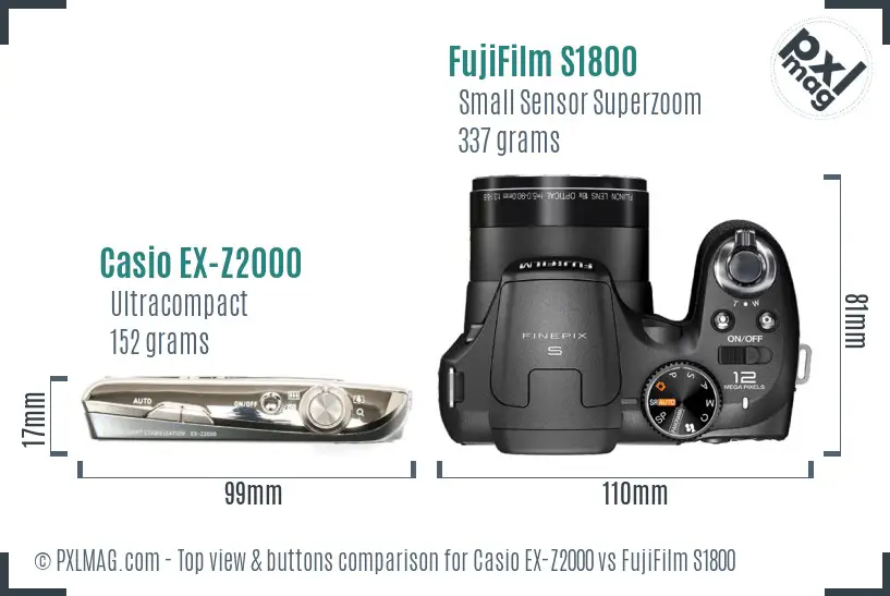 Casio EX-Z2000 vs FujiFilm S1800 top view buttons comparison Casio EX-Z2000 vs FujiFilm S1800 top view buttons comparison
