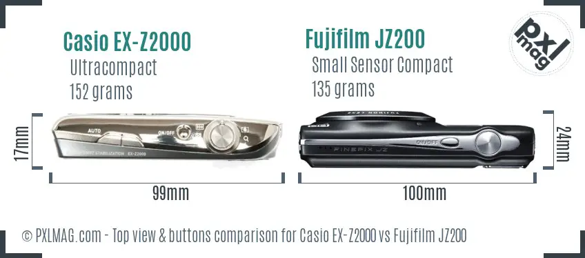 Casio EX-Z2000 vs Fujifilm JZ200 top view buttons comparison Casio EX-Z2000 vs Fujifilm JZ200 top view buttons comparison