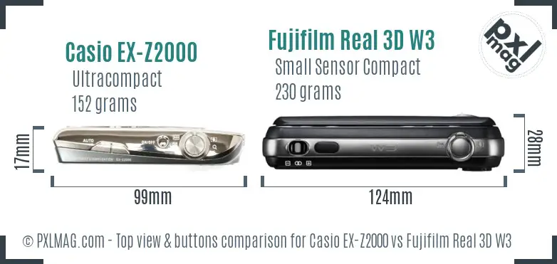Casio EX-Z2000 vs Fujifilm Real 3D W3 top view buttons comparison