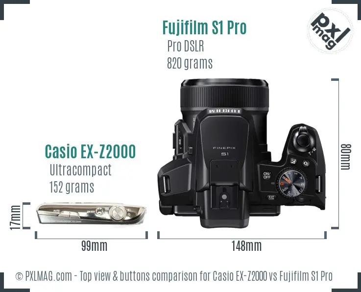 Casio EX-Z2000 vs Fujifilm S1 Pro top view buttons comparison