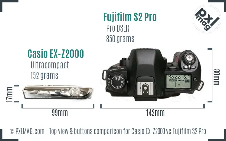 Casio EX-Z2000 vs Fujifilm S2 Pro top view buttons comparison