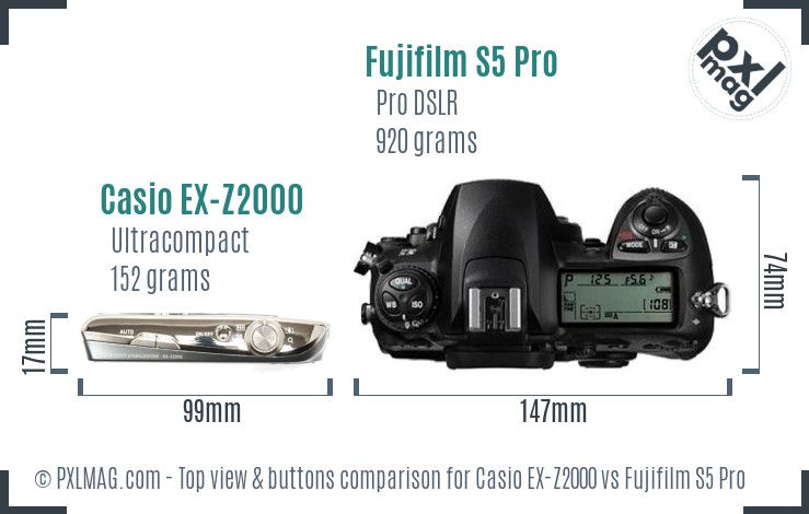 Casio EX-Z2000 vs Fujifilm S5 Pro top view buttons comparison