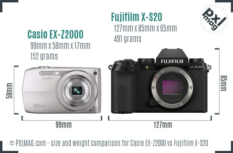 Casio EX-Z2000 vs Fujifilm X-S20 size comparison Casio EX-Z2000 vs Fujifilm X-S20 size comparison