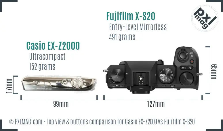 Casio EX-Z2000 vs Fujifilm X-S20 top view buttons comparison Casio EX-Z2000 vs Fujifilm X-S20 top view buttons comparison