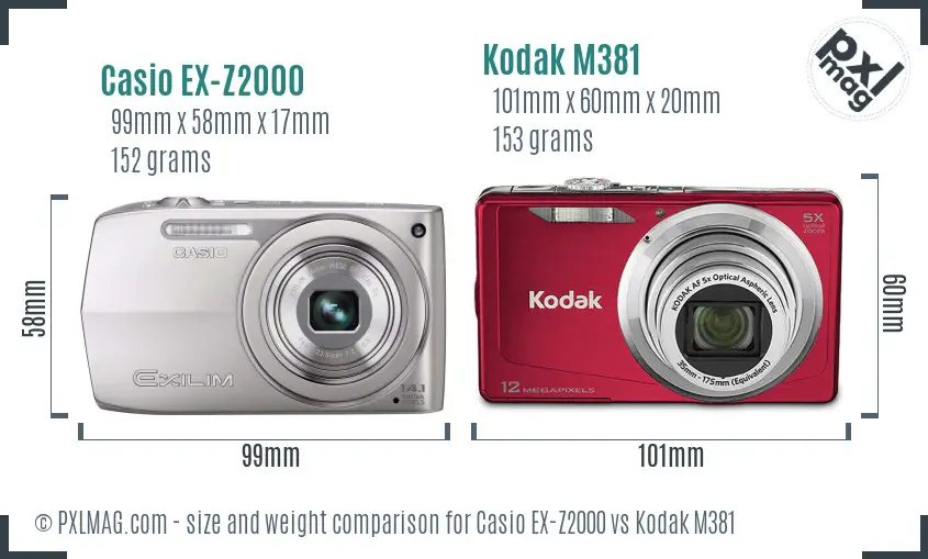 Casio EX-Z2000 vs Kodak M381 size comparison