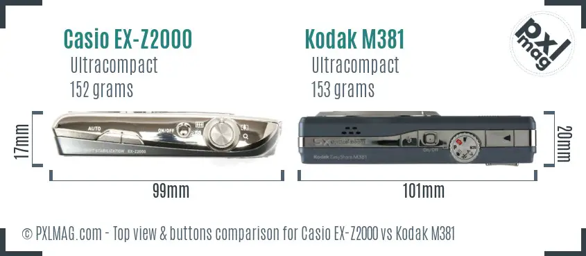 Casio EX-Z2000 vs Kodak M381 top view buttons comparison