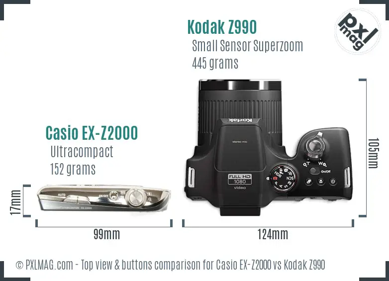 Casio EX-Z2000 vs Kodak Z990 top view buttons comparison