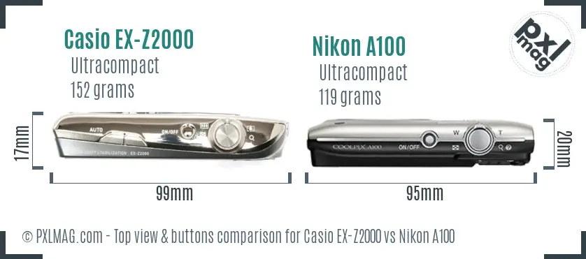 Casio EX-Z2000 vs Nikon A100 top view buttons comparison Casio EX-Z2000 vs Nikon A100 top view buttons comparison