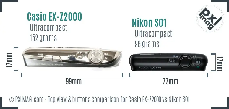 Casio EX-Z2000 vs Nikon S01 top view buttons comparison