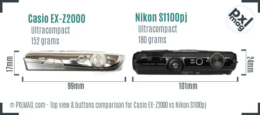 Casio EX-Z2000 vs Nikon S1100pj top view buttons comparison