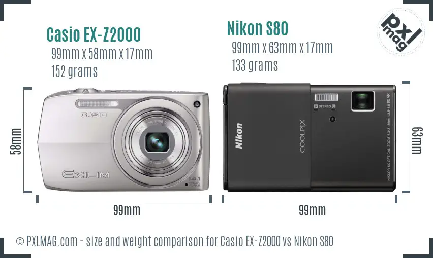 Casio EX-Z2000 vs Nikon S80 size comparison