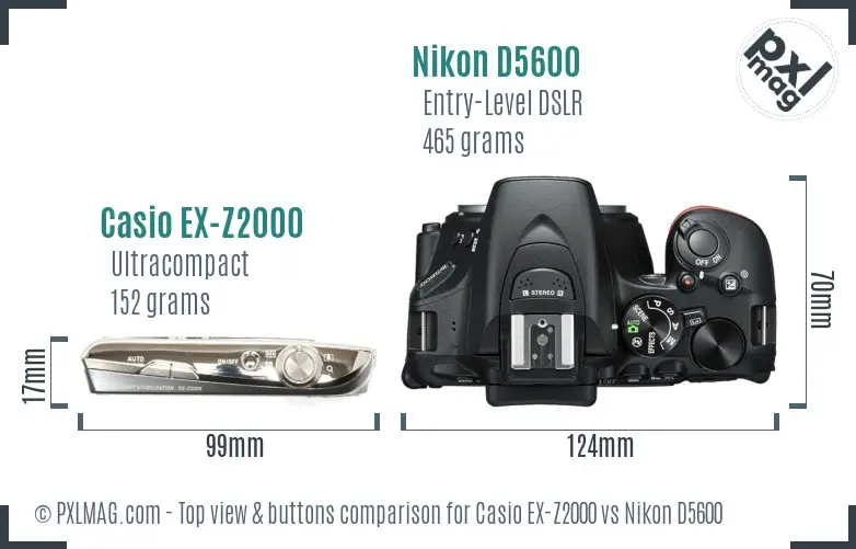 Casio EX-Z2000 vs Nikon D5600 top view buttons comparison