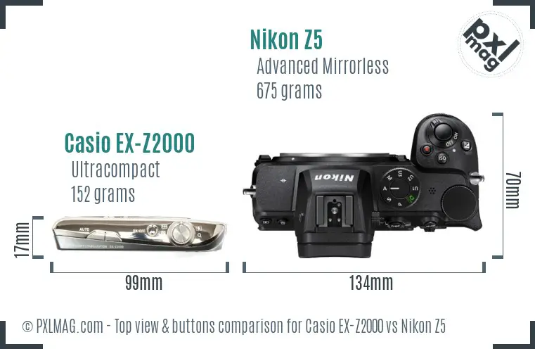 Casio EX-Z2000 vs Nikon Z5 top view buttons comparison