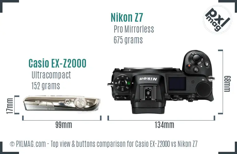 Casio EX-Z2000 vs Nikon Z7 top view buttons comparison