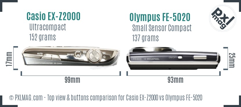 Casio EX-Z2000 vs Olympus FE-5020 top view buttons comparison