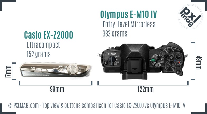 Casio EX-Z2000 vs Olympus E-M10 IV top view buttons comparison
