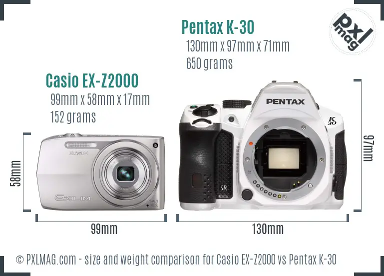 Casio EX-Z2000 vs Pentax K-30 size comparison