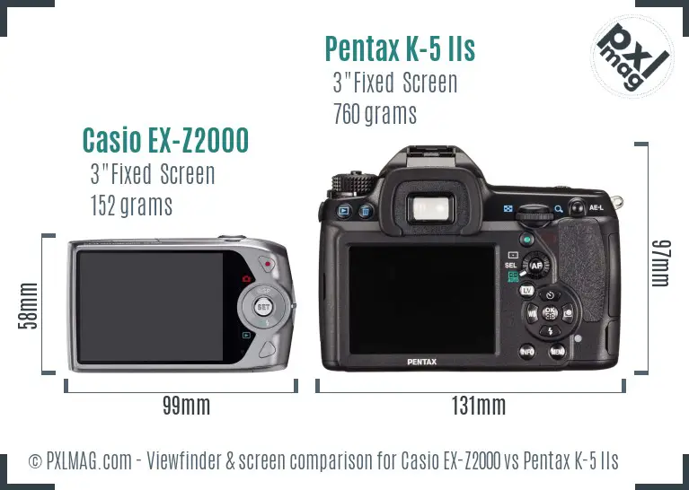 Casio EX-Z2000 vs Pentax K-5 IIs Screen and Viewfinder comparison