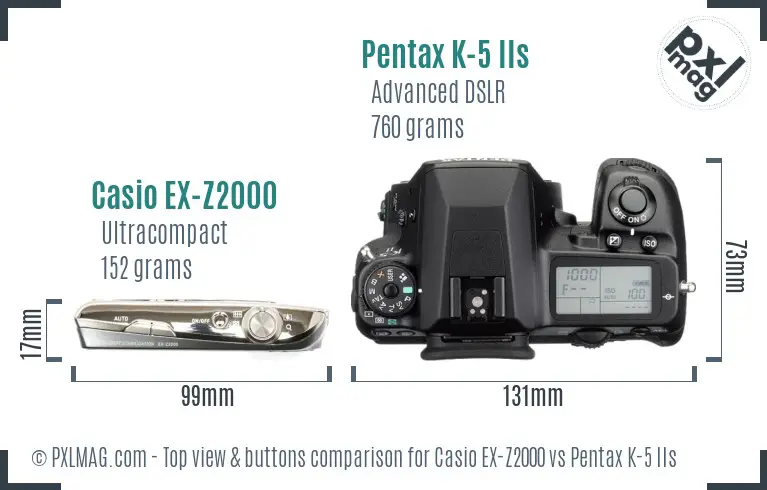 Casio EX-Z2000 vs Pentax K-5 IIs top view buttons comparison