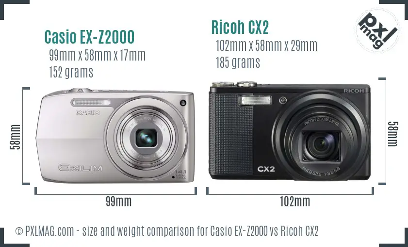 Casio EX-Z2000 vs Ricoh CX2 size comparison