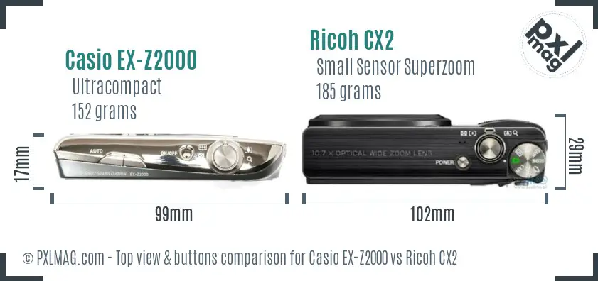 Casio EX-Z2000 vs Ricoh CX2 top view buttons comparison