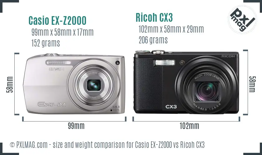 Casio EX-Z2000 vs Ricoh CX3 size comparison