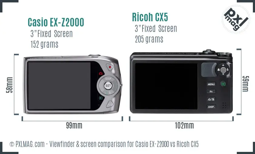 Casio EX-Z2000 vs Ricoh CX5 Screen and Viewfinder comparison