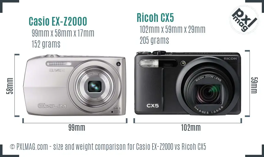 Casio EX-Z2000 vs Ricoh CX5 size comparison