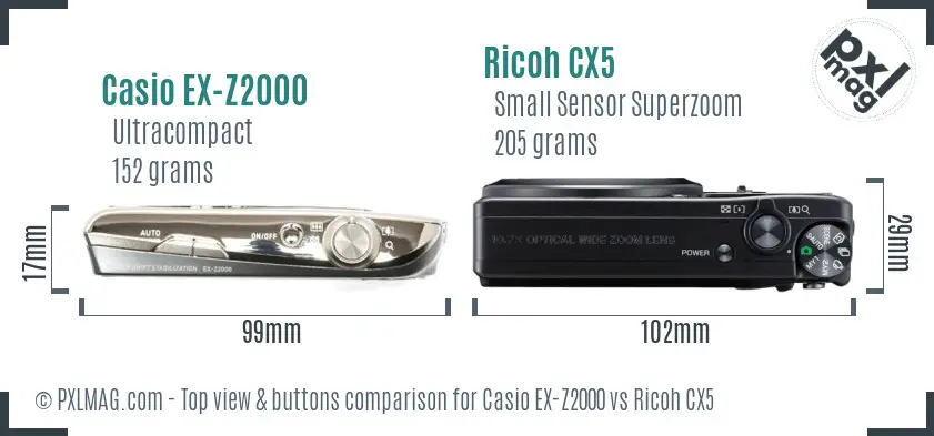 Casio EX-Z2000 vs Ricoh CX5 top view buttons comparison