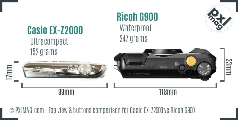 Casio EX-Z2000 vs Ricoh G900 top view buttons comparison Casio EX-Z2000 vs Ricoh G900 top view buttons comparison