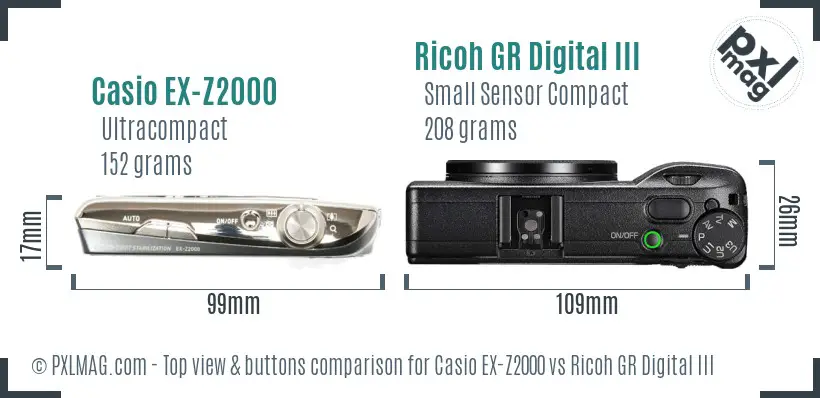 Casio EX-Z2000 vs Ricoh GR Digital III top view buttons comparison