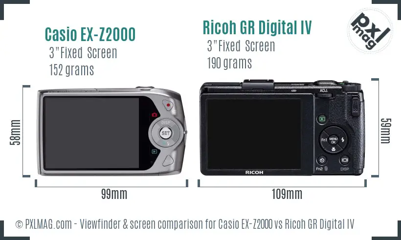 Casio EX-Z2000 vs Ricoh GR Digital IV Screen and Viewfinder comparison