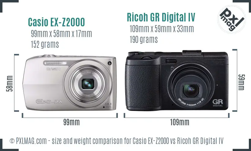 Casio EX-Z2000 vs Ricoh GR Digital IV size comparison