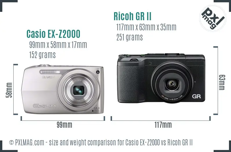 Casio EX-Z2000 vs Ricoh GR II size comparison