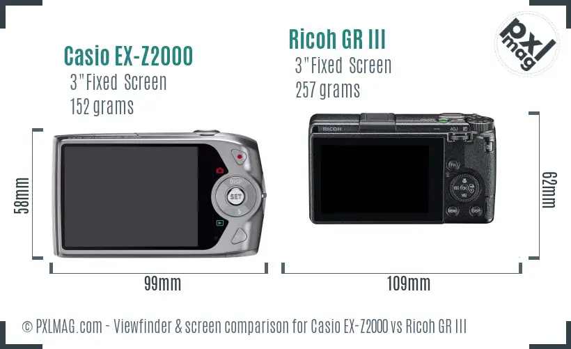 Casio EX-Z2000 vs Ricoh GR III Screen and Viewfinder comparison