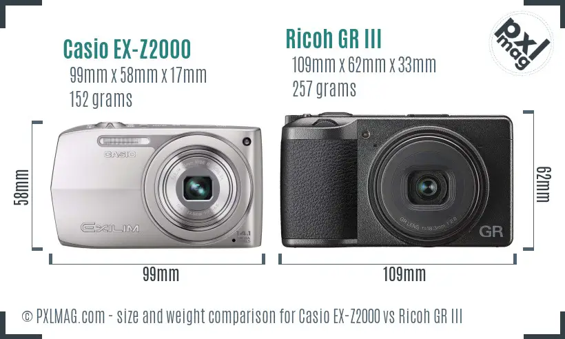 Casio EX-Z2000 vs Ricoh GR III size comparison