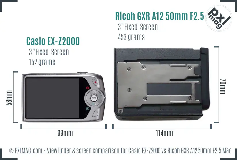 Casio EX-Z2000 vs Ricoh GXR A12 50mm F2.5 Macro Screen and Viewfinder comparison