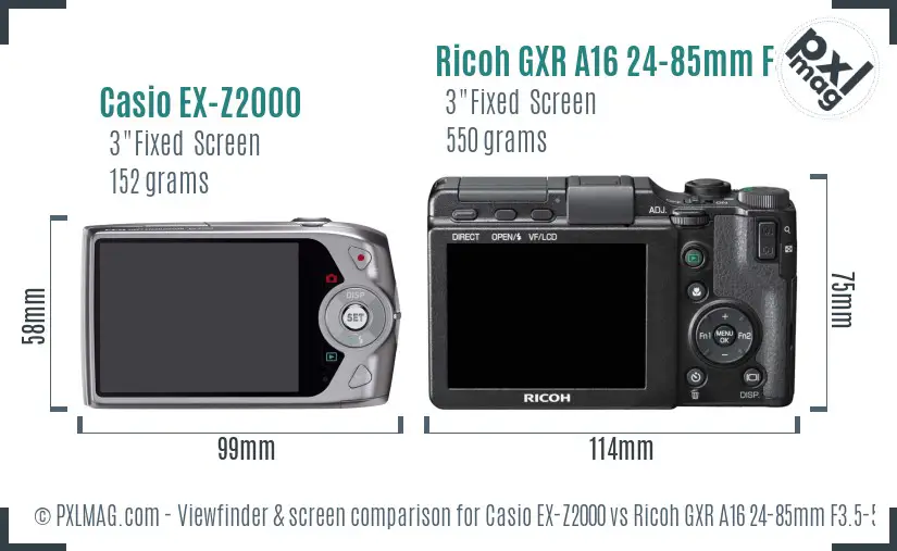 Casio EX-Z2000 vs Ricoh GXR A16 24-85mm F3.5-5.5 Screen and Viewfinder comparison