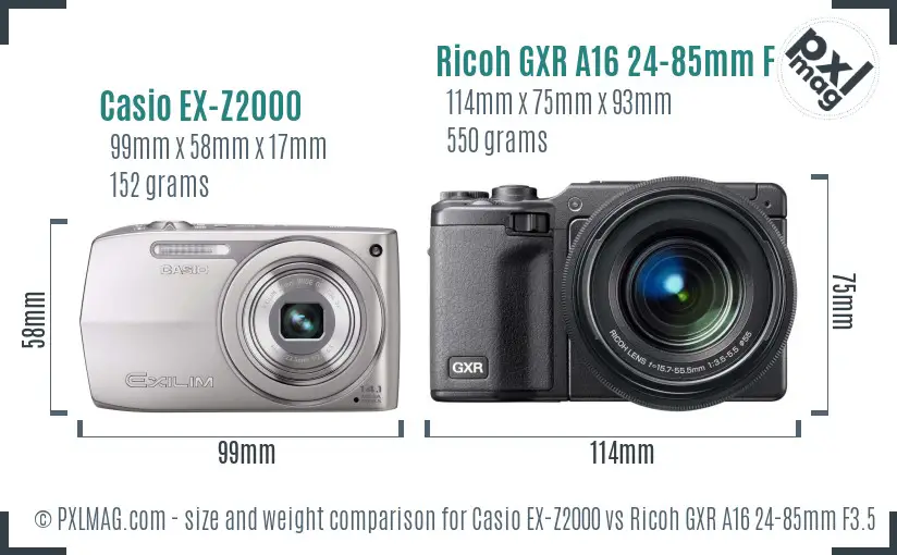 Casio EX-Z2000 vs Ricoh GXR A16 24-85mm F3.5-5.5 size comparison