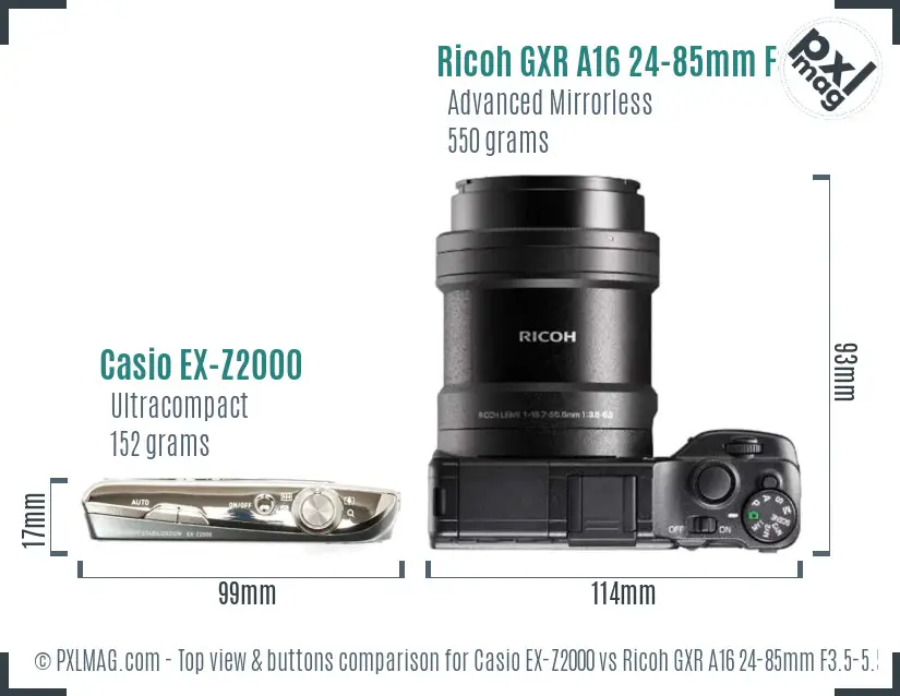 Casio EX-Z2000 vs Ricoh GXR A16 24-85mm F3.5-5.5 top view buttons comparison