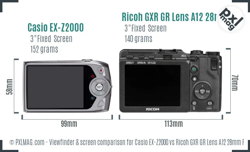 Casio EX-Z2000 vs Ricoh GXR GR Lens A12 28mm F2.5 Screen and Viewfinder comparison