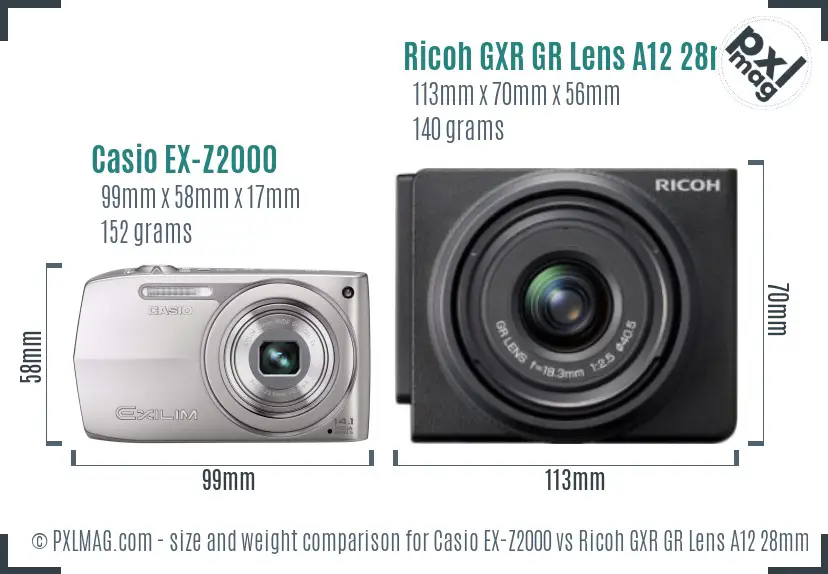 Casio EX-Z2000 vs Ricoh GXR GR Lens A12 28mm F2.5 size comparison