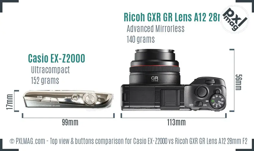 Casio EX-Z2000 vs Ricoh GXR GR Lens A12 28mm F2.5 top view buttons comparison