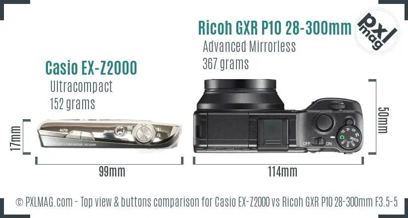 Casio EX-Z2000 vs Ricoh GXR P10 28-300mm F3.5-5.6 VC top view buttons comparison